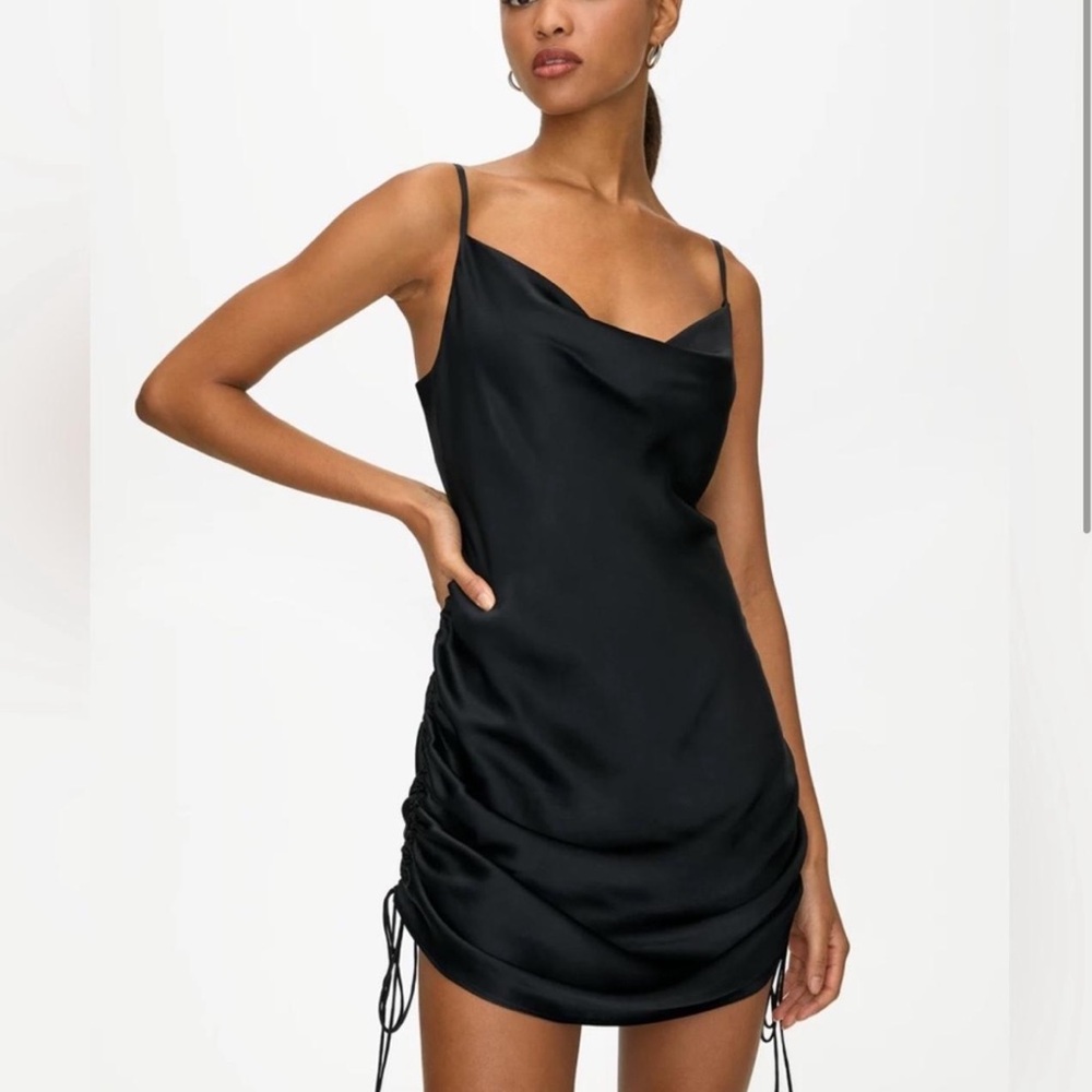Aritzia Wilfred Black Only Ruched Slip Satin Mini Dress